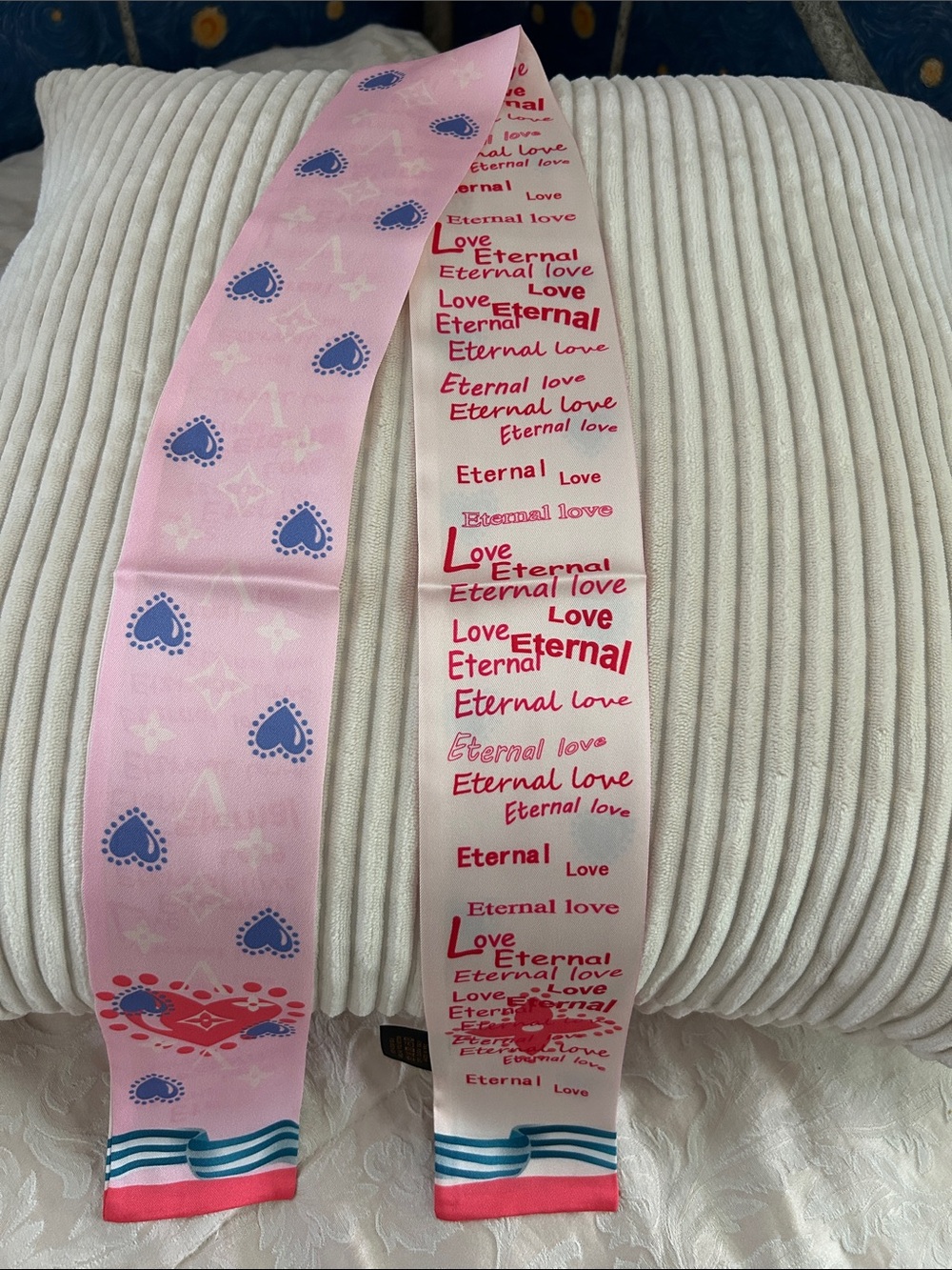 Purple Heart Silk Feeling Double Sided Scarf or Twilly with Love Script.